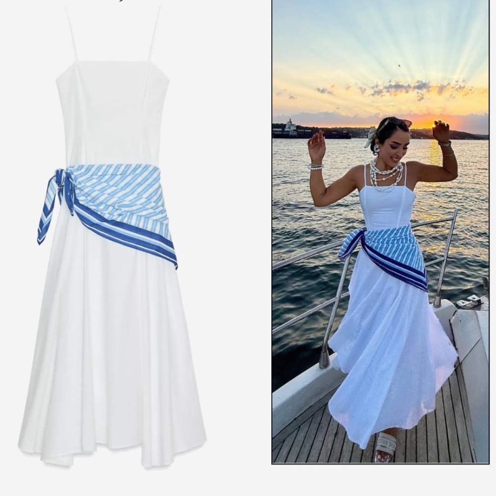 Zara NWT striped scarf midi dress white 8078/035